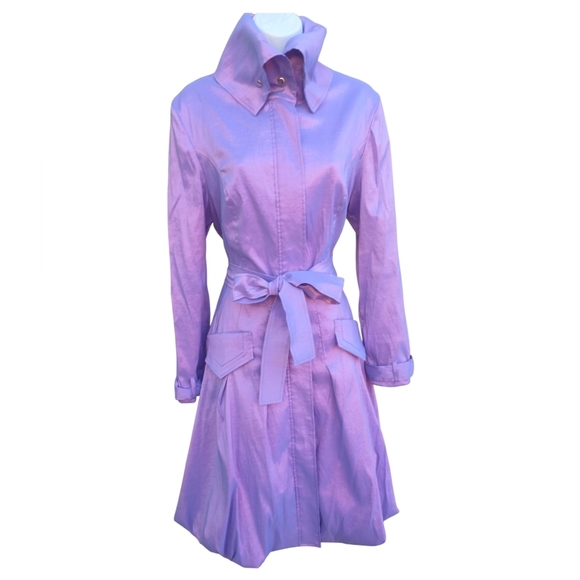 Vintage 90s Y2K Lavender Iridescent Balloon HemTrench Coat Belted High Neck S/M - Picture 2 of 3